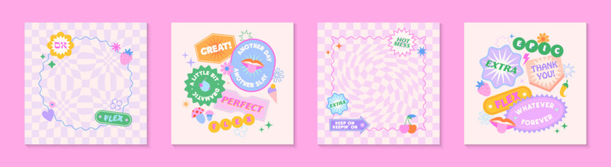 Vector social media templates with patches and stickers in 90s style.Modern emblems in y2k aesthetic with chess background.Trendy funky designs