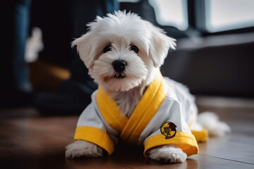 white fluffy puppy wearing yellow competition kimono, Generative AI