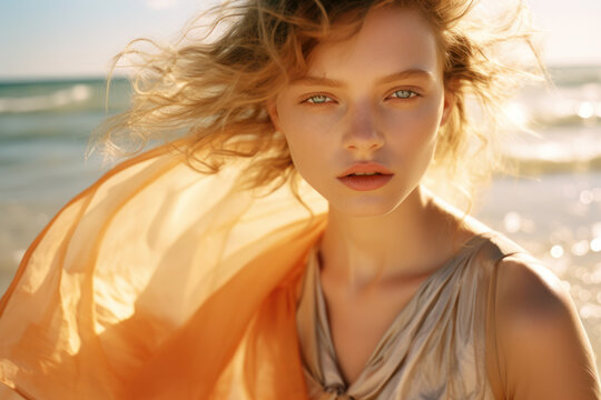 close-up portrait of a woman/model/book character by the ocean with warm sunlight in a fashion/beauty editorial magazine style film photography look - generative ai art