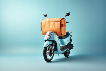 Square Thermos bag on empty motorcycle isolated on flat blue background with copy space. Creative banner for fast food delivery on motorcycle. Generative AI.