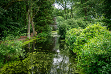 Fototapeta na wymiar a pond bordered by trees with red and green foliage