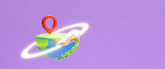 Travel concept. Airplane and time to travel banner. travel around the world. landmarks on the globe. Tourism and planning with flight plane. Creative idea with 3d design. Business concept. 3d render