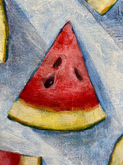 Watermelon. Fruit abstraction of watermelon. Juicy cut watermelon on the surface Illuminated by the rays of the sun. 