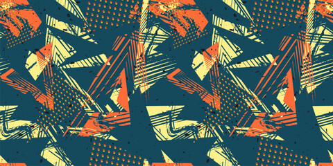 Abstract seamless sport pattern. Urban art vector grunge texture with chaotic shapes, lines, dots, strokes, triangles, patches. Colorful graffiti background. Dark green, orange, yellow colors design