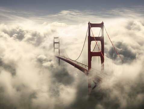 Bridge in the clouds going to sunrise. Beautiful freedom moment and peaceful atmosphere in nature. © Madina