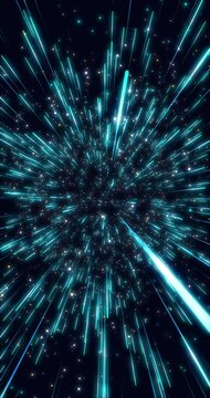 Footage through space with shining stars. Sci-fi warp and cyber future concepts. Abstract, repeatable video for background. Vertical video.