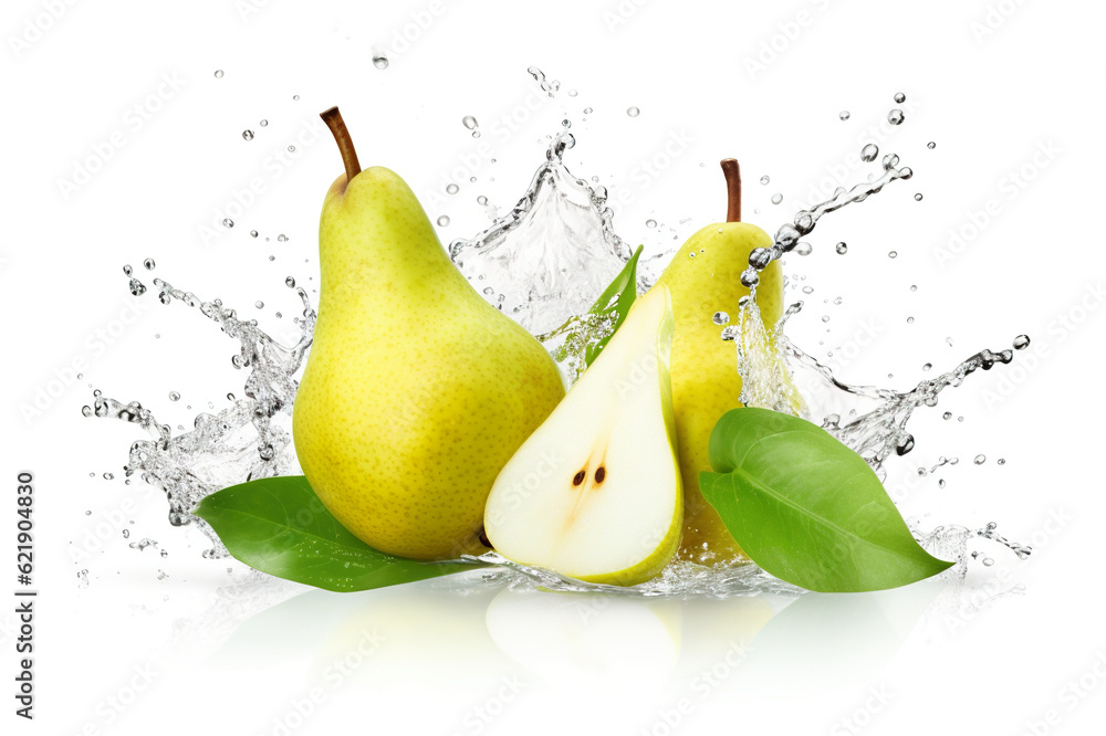 Poster a group of pears with water splashing on them. generative ai. water or juice splash on white backgro