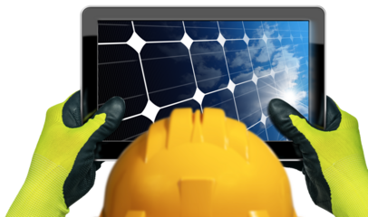 Engineer with protective work gloves and yellow hard hat holding a digital tablet computer with a close-up of a solar panel inside the screen. Isolated on white or transparent background. Png.