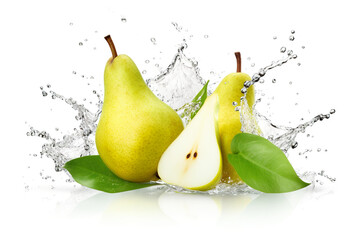 Fototapeta na wymiar A group of pears with water splashing on them. Generative AI. Water or juice splash on white background