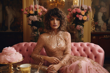 woman sitting on a couch with a cake surrounded by flowers made with generative AI