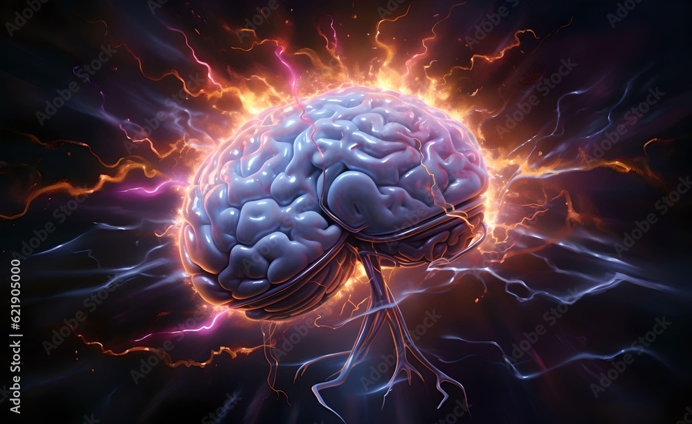 Poster brain with wires and ions inside it. generative ai.