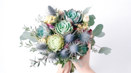 Flower arrangement with dried flowers and succulents, generative AI.