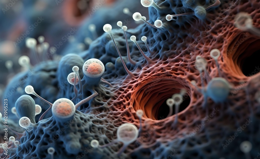 Poster vibrant colors and patterns of bacteria and virus cells. captivating macro close-up. intricate struc