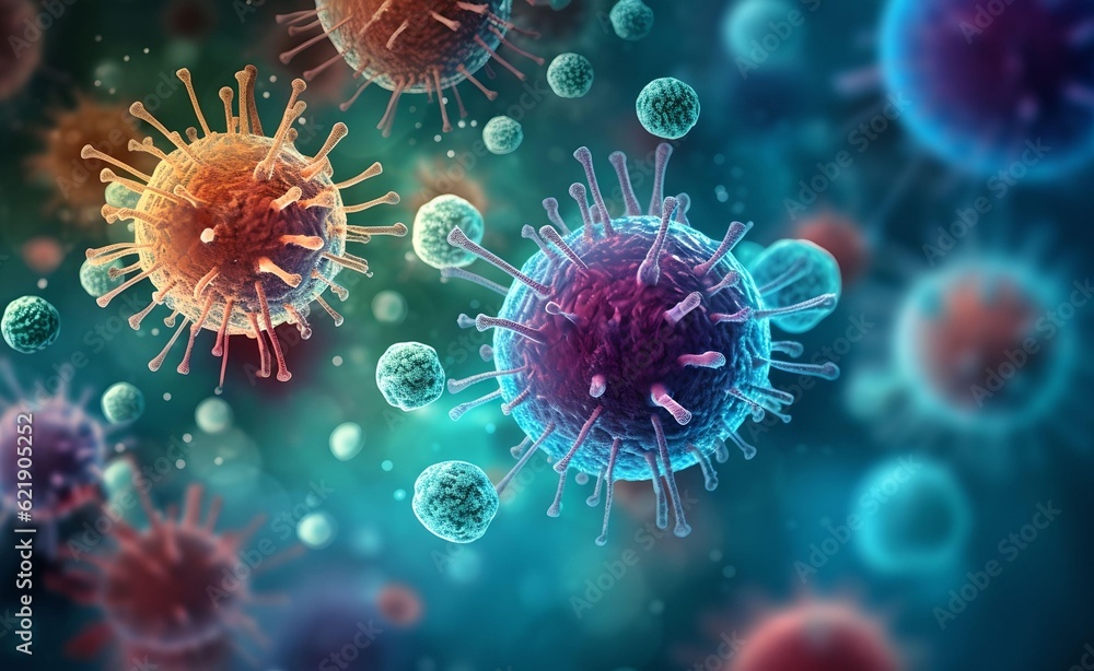 Poster macro shot of different types of microbes. virus cells and bacteria on abstract background