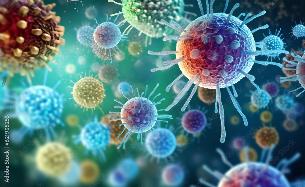 Aufkleber macro shot of different types of microbes. virus cells and bacteria on abstract background
