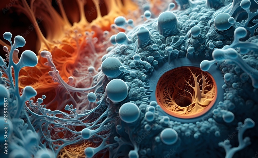 Poster vibrant colors and patterns of bacteria and virus cells. captivating macro close-up. intricate struc