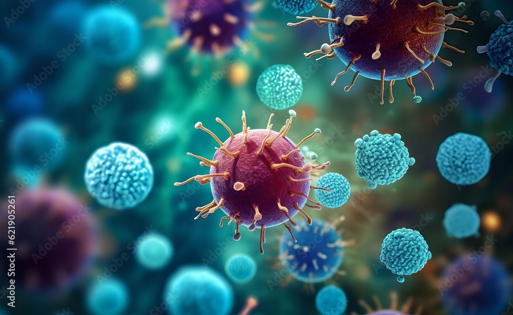 Aufkleber macro shot of different types of microbes. virus cells and bacteria on abstract background