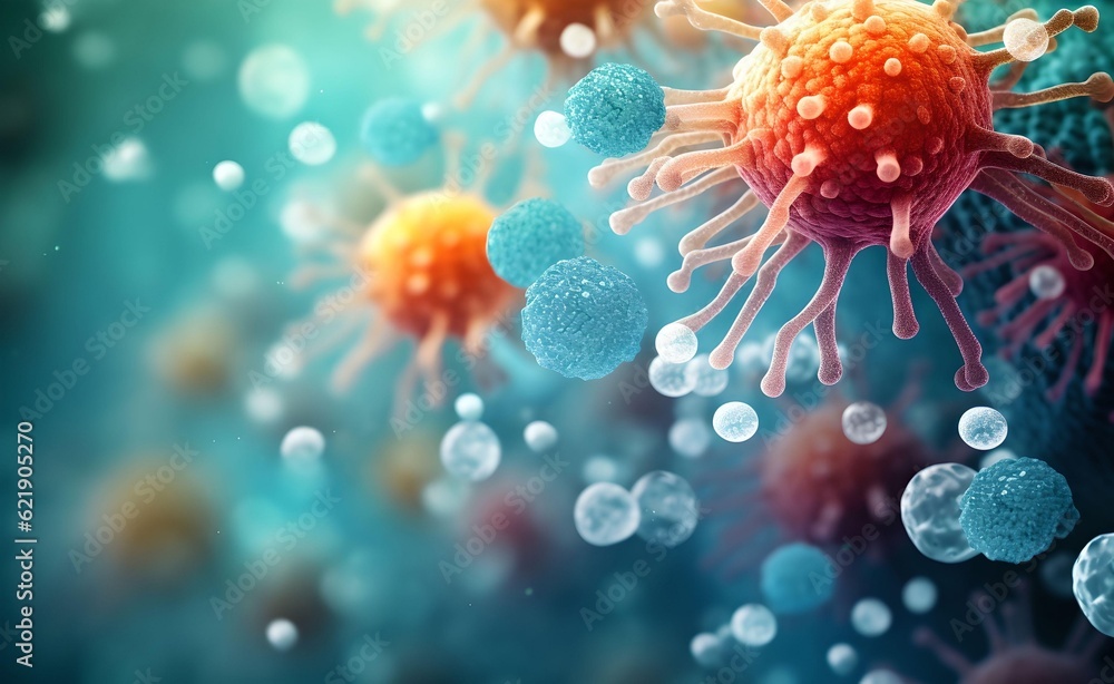 Aufkleber macro shot of different types of microbes. virus cells and bacteria on abstract background