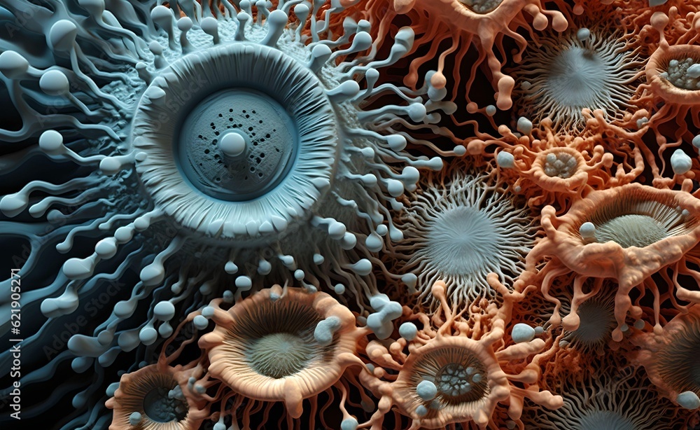 Poster vibrant colors and patterns of bacteria and virus cells. captivating macro close-up. intricate struc