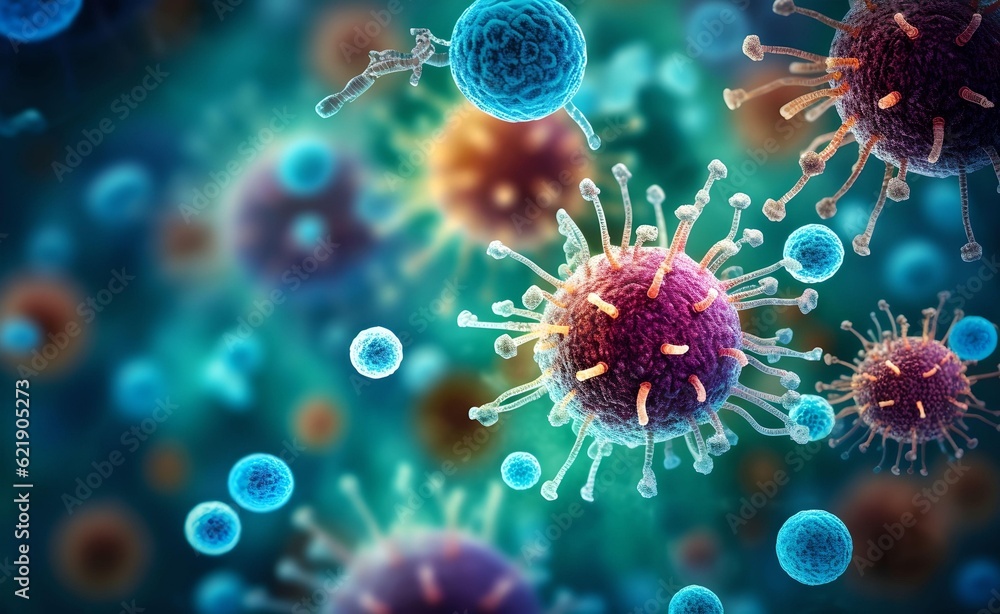 Aufkleber macro shot of different types of microbes. virus cells and bacteria on abstract background
