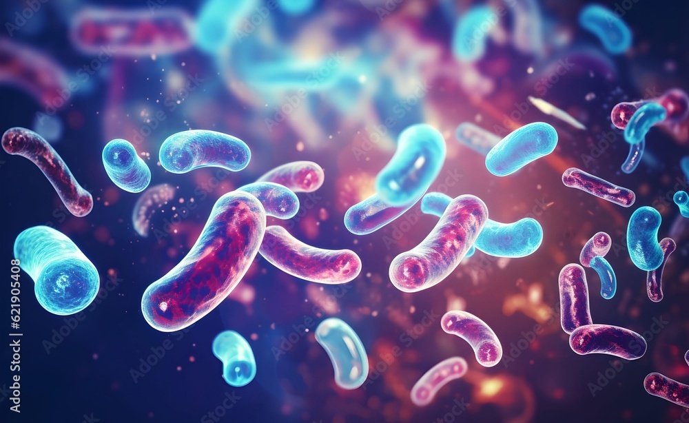Poster probiotics bacteria. intricate structures and textures of bacteria and virus cells. generative ai.
