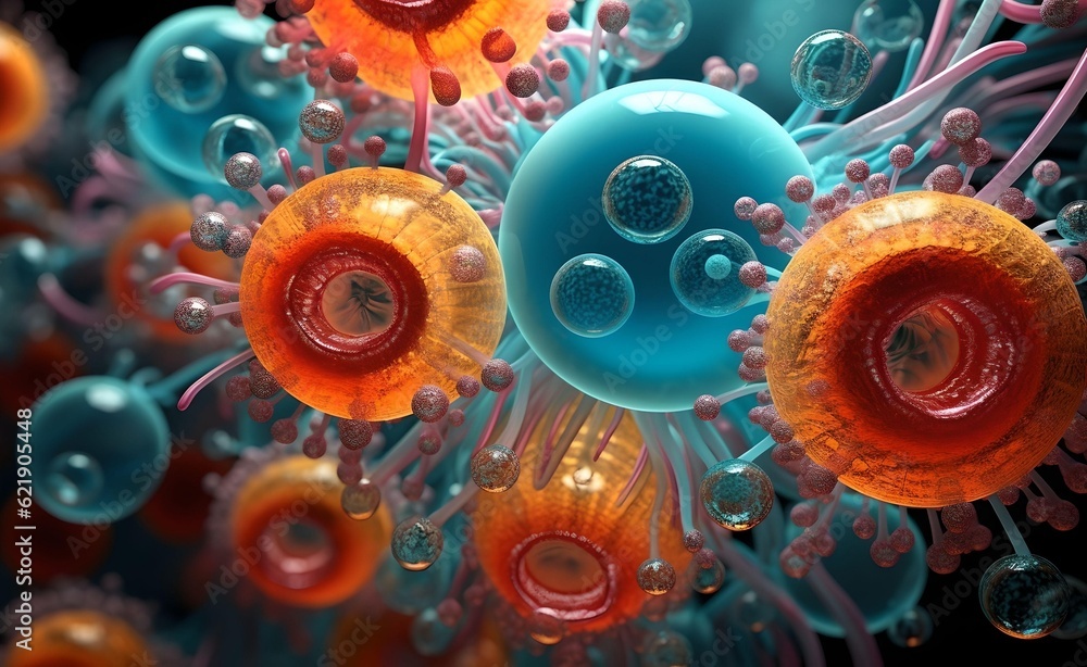 Poster vibrant colors and patterns of bacteria and virus cells. captivating macro close-up. intricate struc