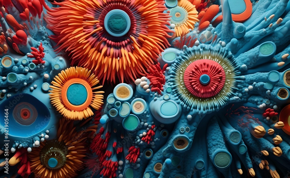 Poster vibrant colors and patterns of bacteria and virus cells. captivating macro close-up. intricate struc
