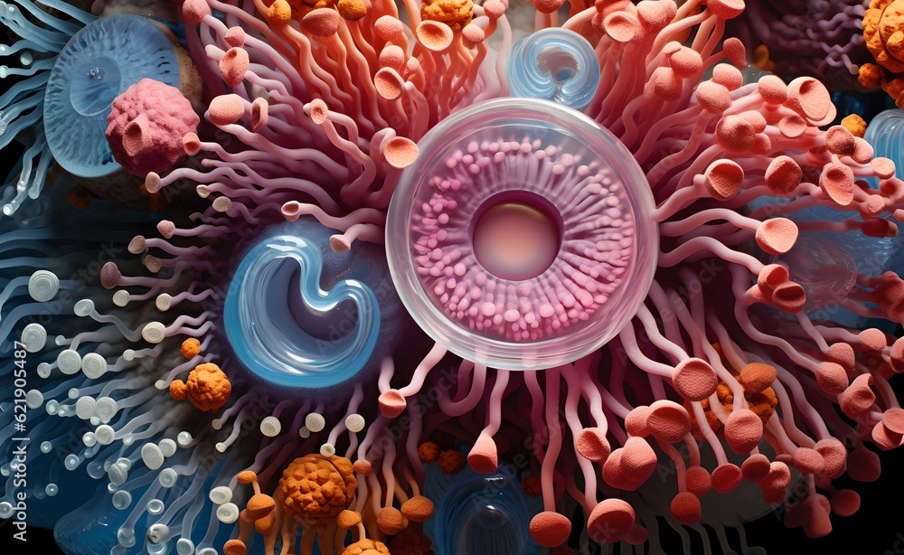 Poster vibrant colors and patterns of bacteria and virus cells. captivating macro close-up. intricate struc
