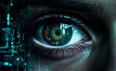 Double exposure of human eye looking at digital elements. Technological background. Generative AI.