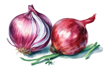Generative ai illustration watercolor of red onion, on transparent background with png file.