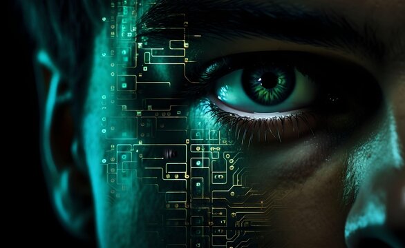 Double exposure of human eye looking at digital elements. Technological background. Generative AI.