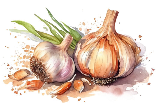 Generative ai illustration watercolor of garlic, on transparent background with png file.