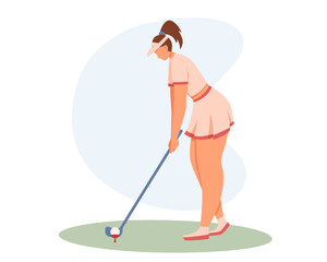 Young pretty woman in sport clothes holding golf club and get ready to hit ball. Time for workout. Active and healthy lifestyle. Vector flat illustration in warm colors