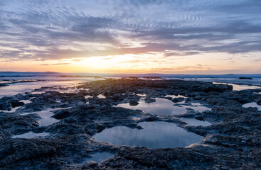 beautiful sunset  over the rocky coast in summer