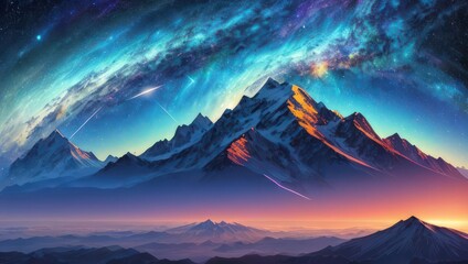 Futuristic digital art landscape with mountain valley, low clouds, purple starry sky with milky way. Generative AI