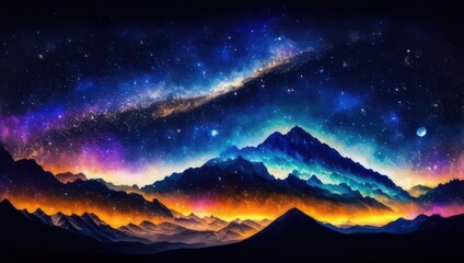 Futuristic digital art landscape with mountain valley, low clouds, purple starry sky with milky way. Generative AI