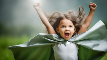 Superhero girl, young child wearing green cape, victorious gesture. - obrazy, fototapety, plakaty