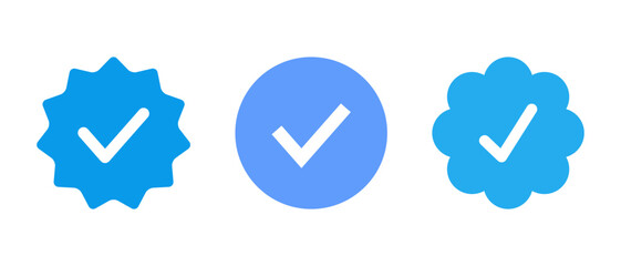 Blue tick verified badge icon vector. Social media official account tick symbol - obrazy, fototapety, plakaty