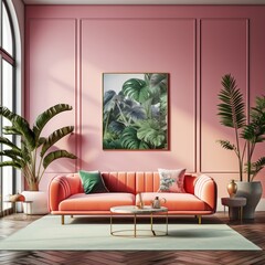 Modern pink interior with sofa and poster mockup with vertical frame on empty wall in living room interior with pink sofa and pillows. Pink wall. Template. Generative AI.