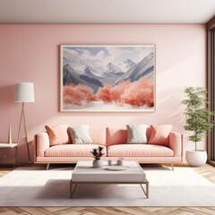 Modern pink interior with sofa and poster mockup with horizontal frame on empty wall in living room interior with pink sofa and pillows. Pink wall. Template. Generative AI.