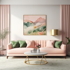 Modern pink interior with sofa and poster mockup with frame on empty wall in living room interior with pink sofa and pillows. Template. Generative AI.