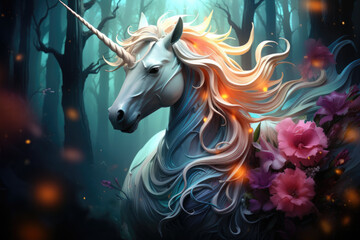 Obraz na płótnie Canvas A white unicorn with a long mane in a forest. Generative AI.