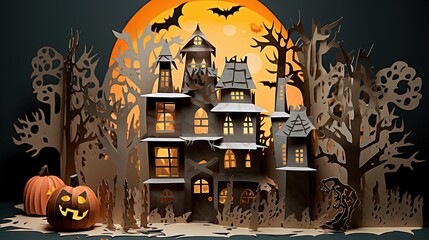 Paper craft illustration style Halloween haunted village scenery at night time,generative ai