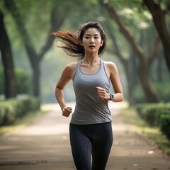 Young beautiful Asian woman jogging in park. Great for articles about lifestyle, health, fitness, sportswear, wellness etc. 