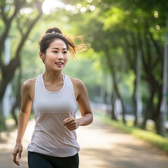 Young beautiful Asian woman jogging in park. Great for articles about lifestyle, health, fitness, sportswear, wellness etc. 