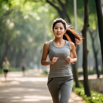 Young beautiful Asian woman jogging in park. Great for articles about lifestyle, health, fitness, sportswear, wellness etc. 