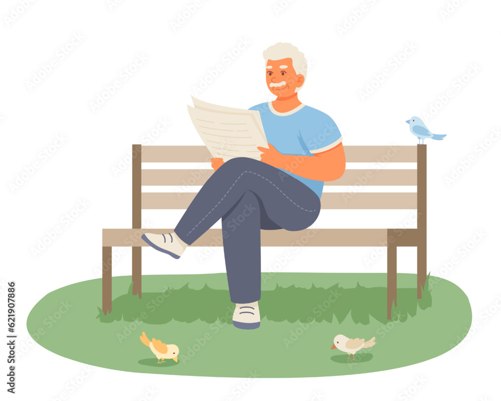 Wall mural senior male sitting on bench and reading newspaper. cartoon character resting outside. concept of ha