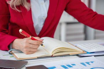 planning, auditing, business planning, finance, young asian business woman working on computer and...