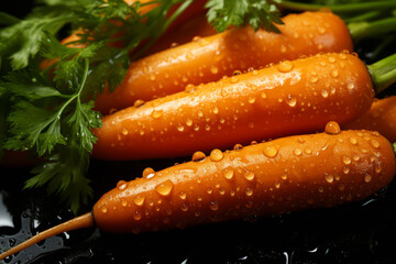 Fresh carrots seamless background, adorned with glistening droplets of water.. Generative AI