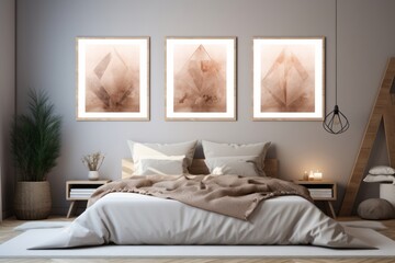 Cozy interior of bedroom with mock up poster frames.